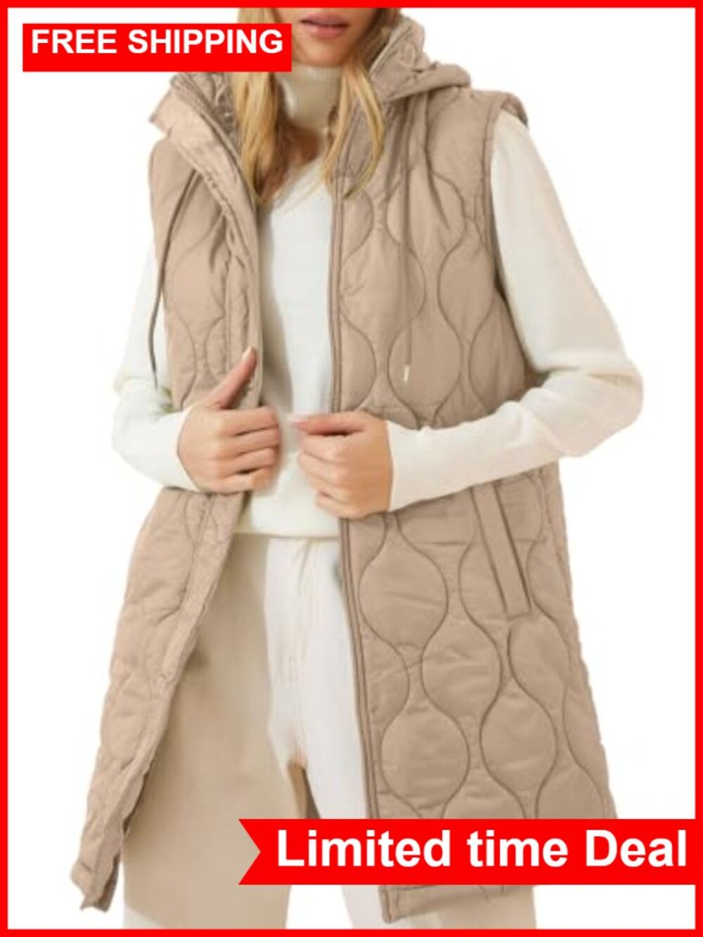 Womens Long Puffer Vest Hooded Quilted Sleeveless Zip Jacket